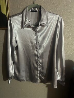 Silver Satin Long-Sleeve Button-Up Blouse